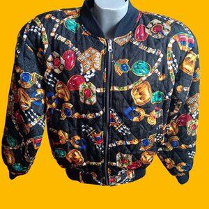 Vintage 1990's Chain Puffer Jacket Quilted Bomber Silk Reversible Gem Print Zip